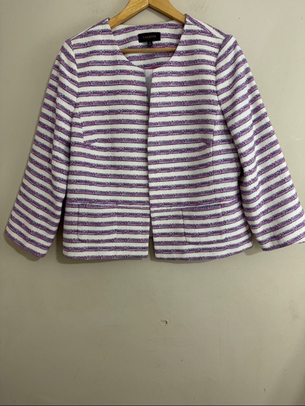 Talbots Open-front Ivory Striped Bouclé Blazer size 16 Career Spring Preppy